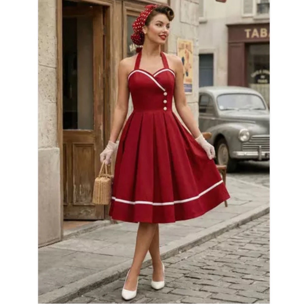 Retro 1950s Vintage Style XL Red Halter Swing Dress Rockabilly Pinup Cosplay